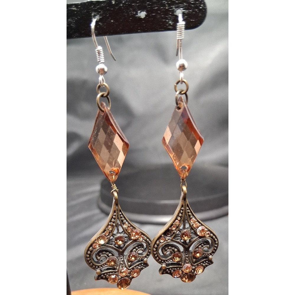Vintage Style Amber Rhinestone Filigree Drop Earrings Antique Bronze Tone